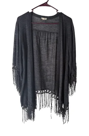 Eyeshadow 2010s Festival Gray Open Long‎ Sl Fringe Kimono Cardigan Top XL Boho thumbnail 1
