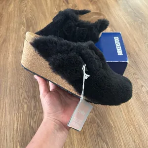 PAPILLIO by BIRKENSTOCK black teddy leather platform wedge clogs mules slip on shoes new thumbnail 7