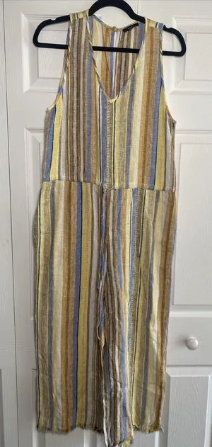 DREW Anthropologie Medium Lemon Cole Linen Yellow Striped Jumpsuit Raw Hem‎ thumbnail 1