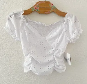 Jolie & Joy‎ Eyelet Crop Top Small White Ruched Puff Sleeve Smocked Sweetheart thumbnail 1