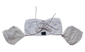 ASOS Puff Sleeve Metallic Striped Crop Top Stretch Bra Top Size 2 Cream Gold thumbnail 1