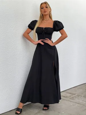 $69 NWOT Marthea Puff Sleeve Tie Front Off Shoulder Slit Thigh Dress - Black M thumbnail 2