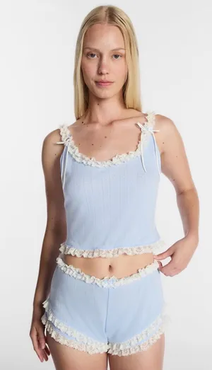 Lee blue and white lace two piece short pajama set size large thumbnail 1