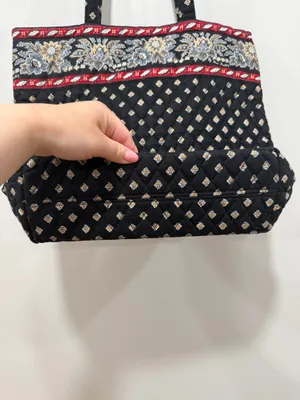 Vera Bradley Quilted Tote Bag Black Floral Print Shoulder Bag Large Cotton thumbnail 4