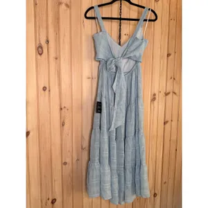 NWT Lulus Freest Feelings Light Blue Plaid Tiered Tie-Back Midi Dress Resort S thumbnail 6