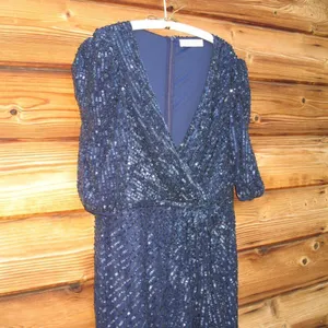 Mac Duggal 5578 Womens Sequined V Neck Short Puff Sleeve Midi Dress thumbnail 9