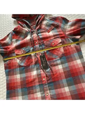 Wrangler Retro Hooded Plaid Western Shirt Snap Front Flannel Hoodie Red L Large thumbnail 4