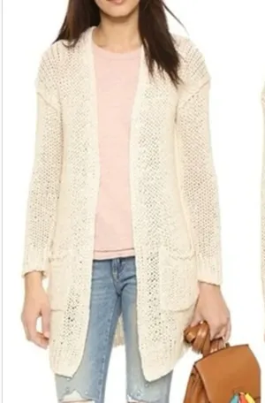 Free People Crochet Knit Open Cardigan Sweater Duster Cream Tan Small thumbnail 1