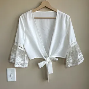 BKMGC sheer white cropped cardigan top lace detail tie front women's size‎ M thumbnail 1