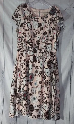 Loft Pink Floral Flutter Sleeve Boho Feminine Dress Size L thumbnail 1