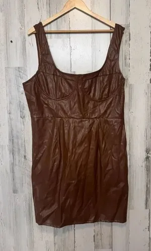 PrettyLittleThing Brown Faux Leather Corset Dress US 18 UK 22 Bodycon Mini Lace thumbnail 1