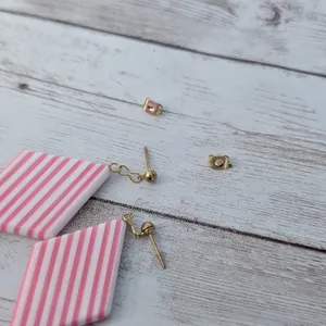 Vintage Stud Earrings Pink & White Striped Dangle thumbnail 5