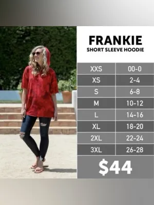 LuLaRoe Frankie Red, Blue & White Abstract Tie-Dye Short Sleeve Hoodie thumbnail 6