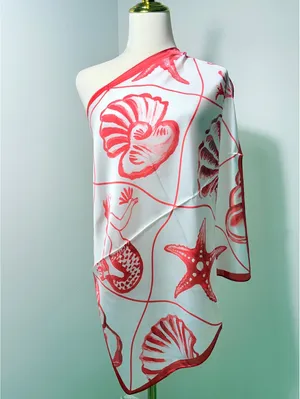 Coral Red and White Sea-Themed Satin Polyester Scarf with Mermaid and Shell Moti thumbnail 2