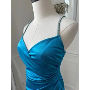 Camille La Vie Brilliant Blue Satin Ruched Cocktail Dress Rhinestone Straps M thumbnail 5