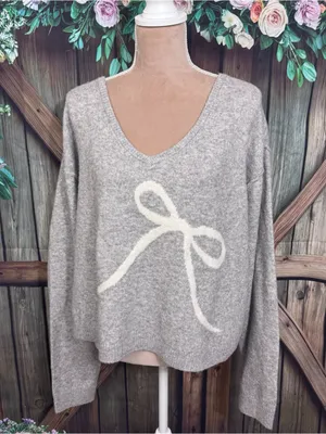 American Eagle Heather Grey Coquette Bow V-Neck Sweater Womens Size Large New thumbnail 4