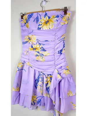 Peppermayo Viviana Mini Dress Lavender Floral Ruched Strapless Ruffle US 6 thumbnail 3