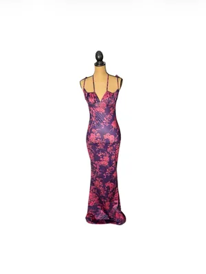 Marthea Floral Mermaid Maxi Dress M Purple Pink Bodycon Y2K Slip Spaghetti Strap thumbnail 2