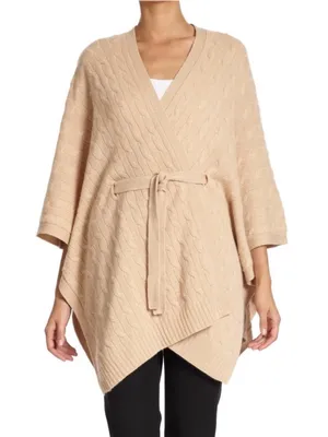 Saks Fifth Avenue Cashmere Tie-Front Cable Knit Poncho Sweater - Cream Size XS/S thumbnail 1