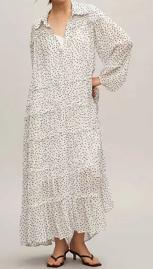 Anthropologie Long-Sleeve Smocked Tiered Polka Dot Maxi Dress Size Small New thumbnail 1