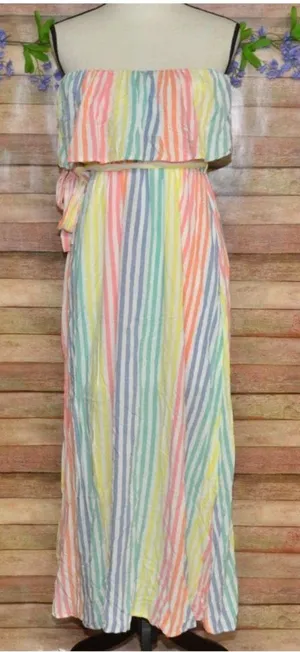Emily Wonder Strapless Rainbow Stripe Ruffle Maxi Dress Size L Cruise Resort thumbnail 1