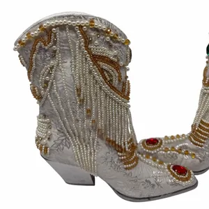 Azalea Wang Astounding White Jewel Beaded Pearl Western Cowboy Boots Size 6 thumbnail 9