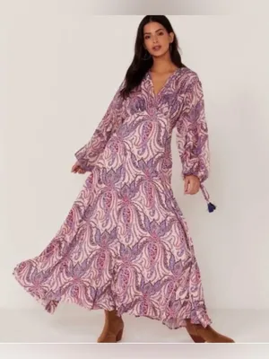 NWT Free People Purple Paisley Balloon Sleeve ‘Mirage’ Tassel Maxi Dress, Size 8 thumbnail 3