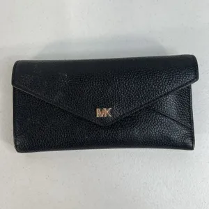 MICHAEL‎ KORS Envelope Wallet Large Black Pebble Leather Tri-Fold Gold Tone Logo thumbnail 3