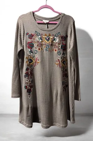 Umgee Taupe Embroidered Tunic Dress thumbnail 1