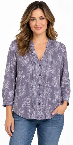 Eddie Bauer Large Grey White Floral Pintuck Cotton Button Front Top Boho thumbnail 1
