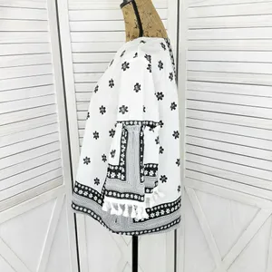 Soho New York & Comp Boho Fringe‎ Hem Floral Popover Shirt White Black Large thumbnail 2