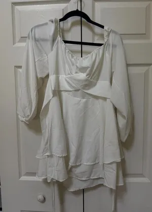 White Puff Sleeve Cutout Tie-Back Ruffle Mini Dress Small thumbnail 1