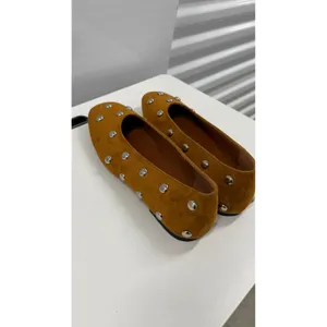 Tan Suede Silver Domed Studded Ballet Flats Almond Toe Slip On Shoes Size 10 thumbnail 4
