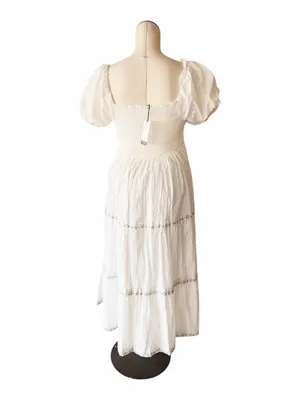 NWT Rachel Zoe White Puff-Sleeve Smocked Maxi Dress Floral Trim Cotton 10 thumbnail 4