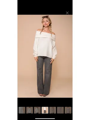 Timing Foldover Off-Shoulder Knit Sweater Cream Relaxed Fit thumbnail 4