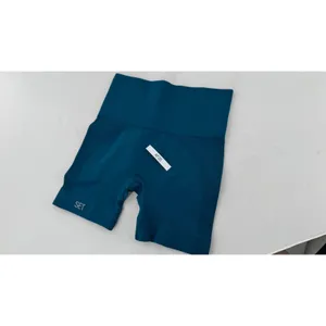 Set Active Seamless High Waisted Biker Shorts Blue XS Ribbed Compression Workout thumbnail 7