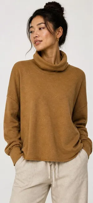 Aerie Good Vibes Turtleneck‎ Sweatshirt Tan Camel Oversized Pullover Women's L thumbnail 1