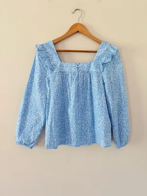 J Crew Factory Squareneck ruffle top puff sleeve blue cornflower white size S thumbnail 3