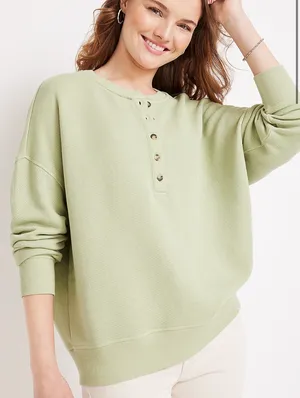Maurices Henley Drop Shoulder Sweatshirt Light Green Relaxed Fit thumbnail 1
