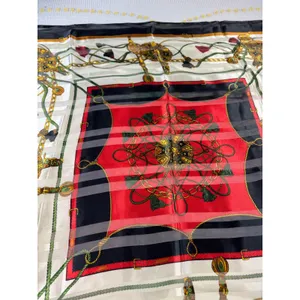 Vintage Equestrian Chain Print Square Scarf Red Black Gold‎ Tassel Sheer Stripe thumbnail 2