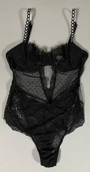 Black Polka Dot Dots Floral Lace Teddy Onesie Bodysuit Lingerie Size XS 🖤 thumbnail 1