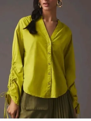 Anthropologie Pilcro Chartreuse Green Poplin Drawstring Sleeve Blouse thumbnail 1