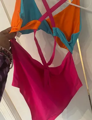 Colorblock One-Piece Swimsuit in Turquoise, Orange & Hot Pink thumbnail 1