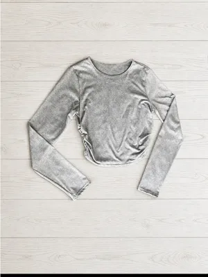 SHEIN Gray Marled Long Sleeve Crop Top Stretch Fitted Casual Size L thumbnail 2