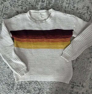 Aeropostale Cream Crewneck Sweater with Burgundy, Orange and Yellow Stripes thumbnail 1