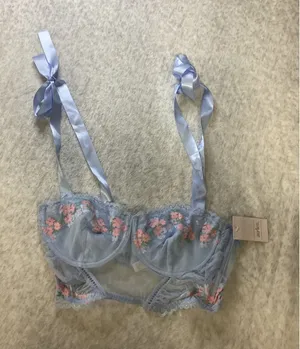 Auden Light Blue Floral Embroidered Mesh‎ Bustier Ribbon Tie Straps Medium NEW thumbnail 1