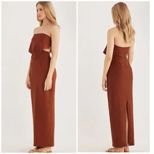 Revolve Rumer Roam Bandana‎ Maxi Linen Chocolate Brown Cutouts Dress Med NWT thumbnail 2