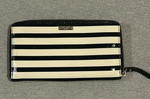 Kate Spade Glossy Black and Cream Striped Long Wallet thumbnail 1