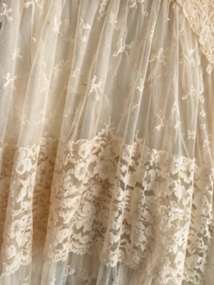 Vintage Boho Fairycore Lace Mesh Tiered Midi Skirt Cream Ivory Sheer Romantic S thumbnail 2