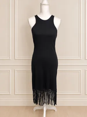 NWOT French Connection Black Ribbed Fringe Hem Midi Dress Size L Boho Swing thumbnail 6